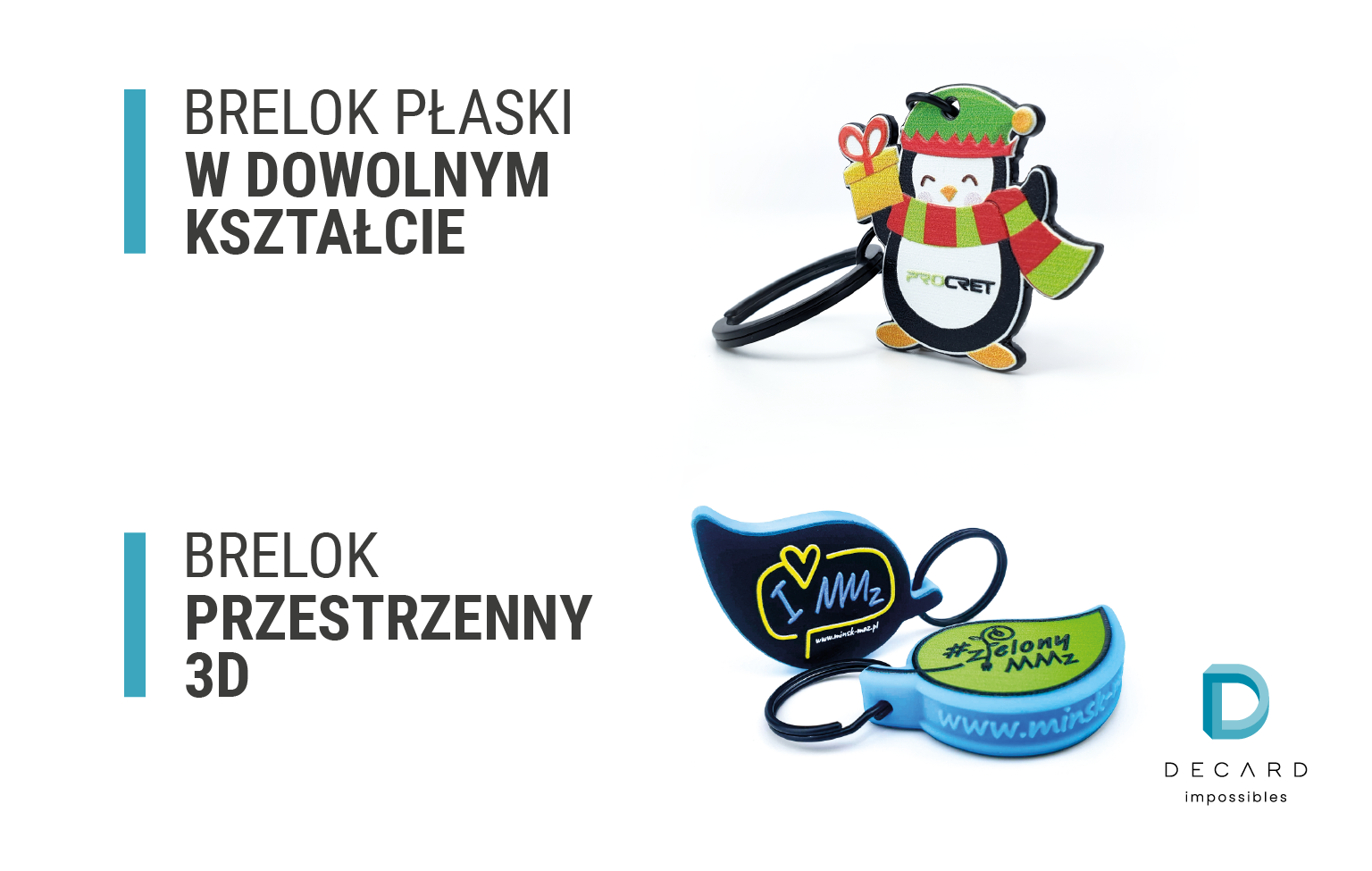 Personalizowany brelok do kluczy płaski i przestrzenny, z efektem 3d, na zamówienie, producent DECARD