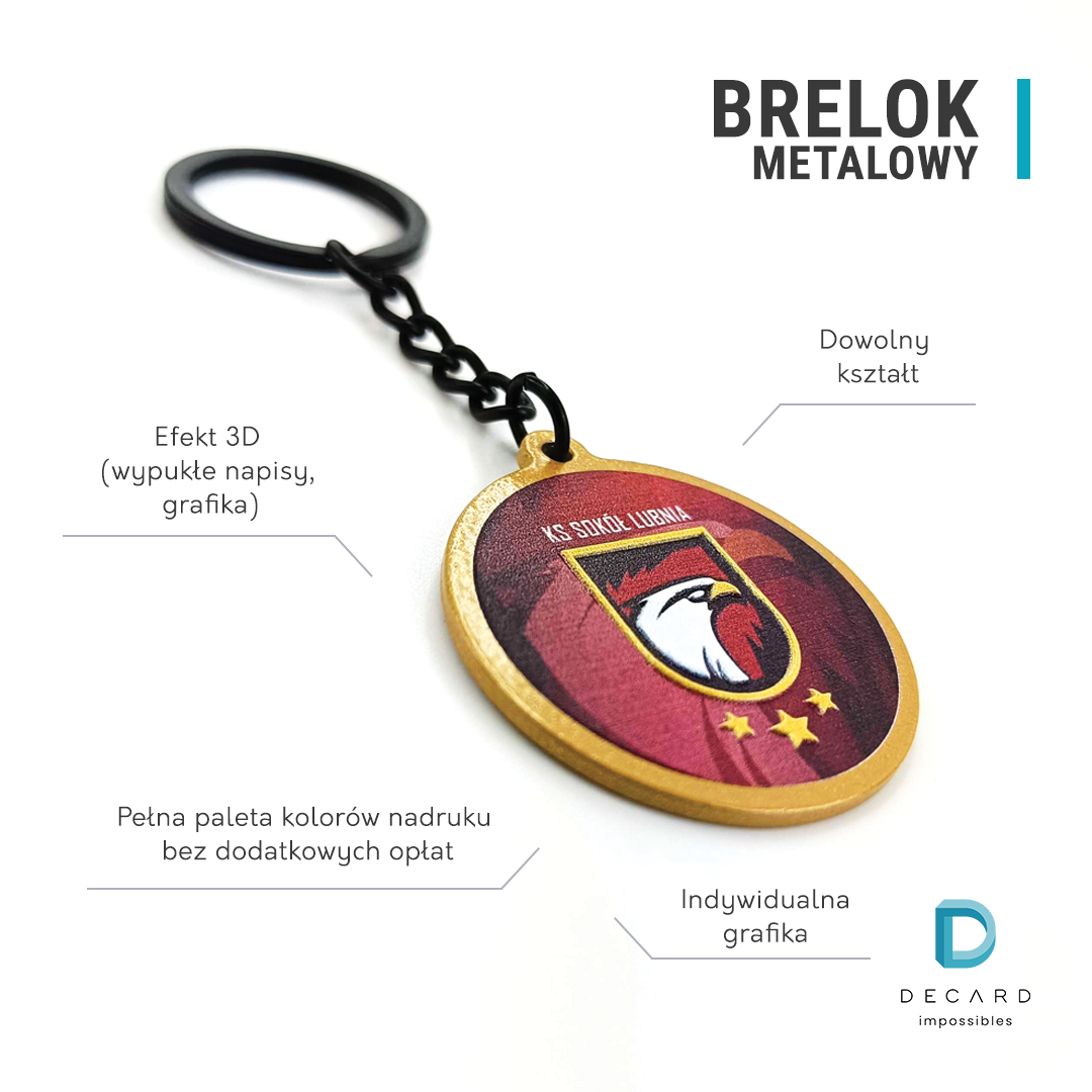 Personalizowany brelok do kluczy, z metalu, personalizowany, na zamówienie, producent DECARD