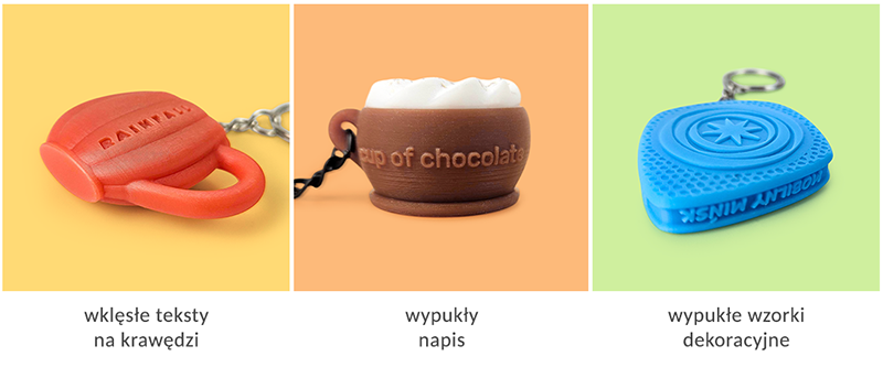 Breloki 3D, z wypukłym logo, wklęsłymi dekoracyjnymi wzorkami z tyłu, na brzegach, polski producent DECARD