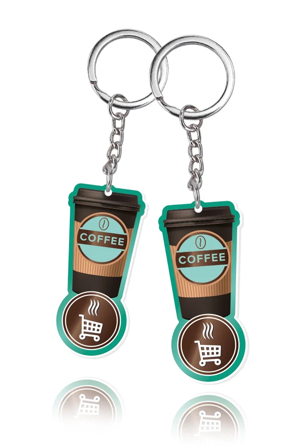 Metalowe breloki z żetonem do wózka, kubek kawy, polski producent DECARD
