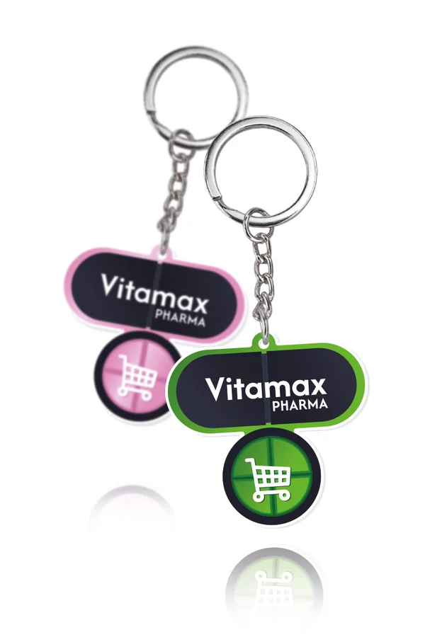 Metalowe breloki z żetonem do wózka, witamina musująca, firmy farmaceutyczne, z logo Vitamax, polski producent DECARD