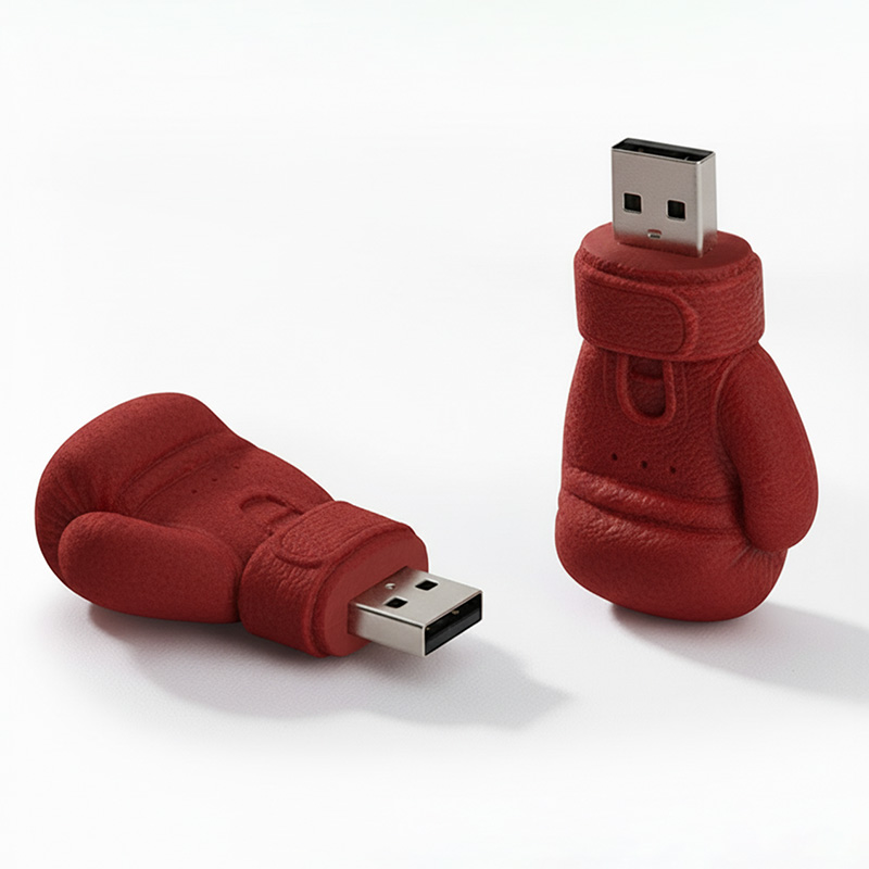 Czerwony pendrive 3D w kształcie rękawicy bokserskiej. Jeden leży na boku z widocznym złączem USB, drugi stoi pionowo z wysuniętym złączem. Widoczna realistyczna faktura rękawicy. Logo Decard w prawym dolnym rogu