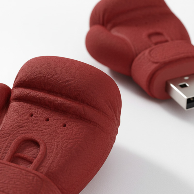 Zbliżenie na czerwony pendrive 3D w kształcie rękawicy bokserskiej, z widoczną fakturą materiału, przeszyciami i detalami powierzchni. W kadrze dominują realistyczne wypukłości i wyprofilowanie rękawicy, a metalowe złącze USB jest wyraźnie widoczne na pierwszym planie