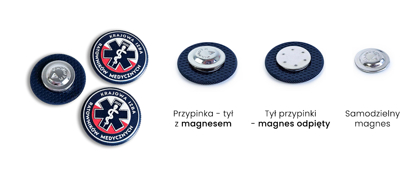 Przypinka na magnes, pokazanie tyłu z magnesem po zapięciu i odpięciu