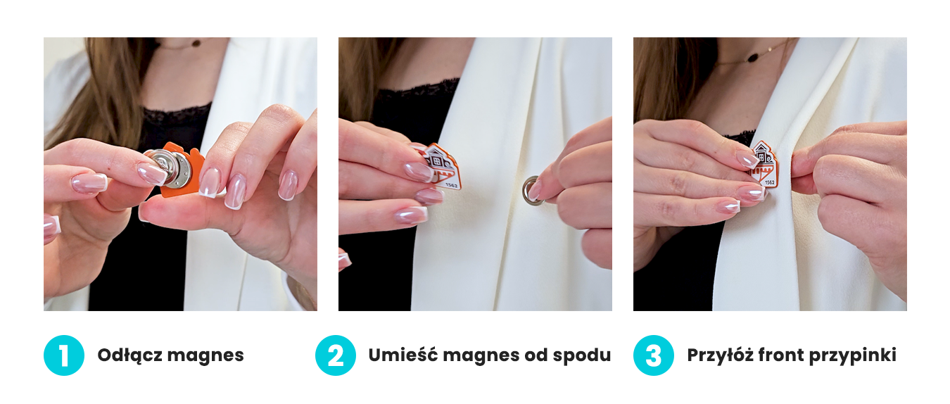 Zapinanie przypinki na magnes w 3 krokach, infografika z instrukcją, polski producent DECARD