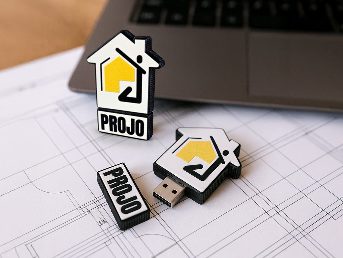 Pendrive klasyczny dla biura projektowego PROJO, kształt domku, z zatyczką z logo, polski producent DECARD