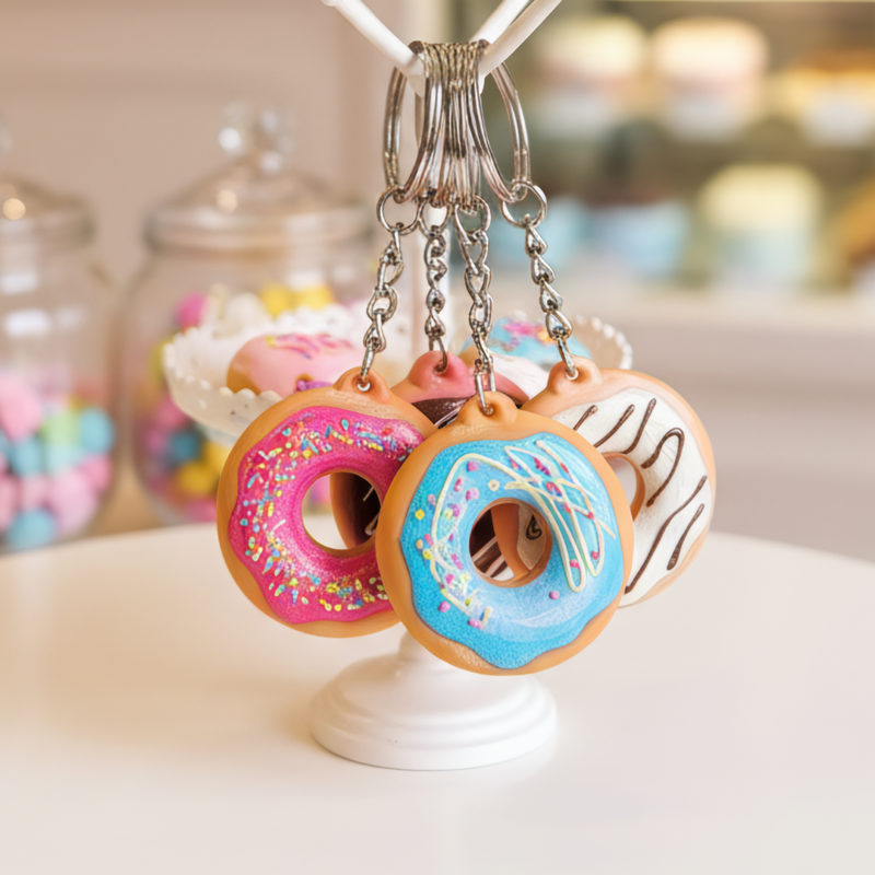 Kolorowe breloki 3D w kształcie donutów z lukrem i posypką, wiszące na stojaku – realistyczne detale i żywe kolory przyciągają wzrok. Wykonanie polski producent DECARD