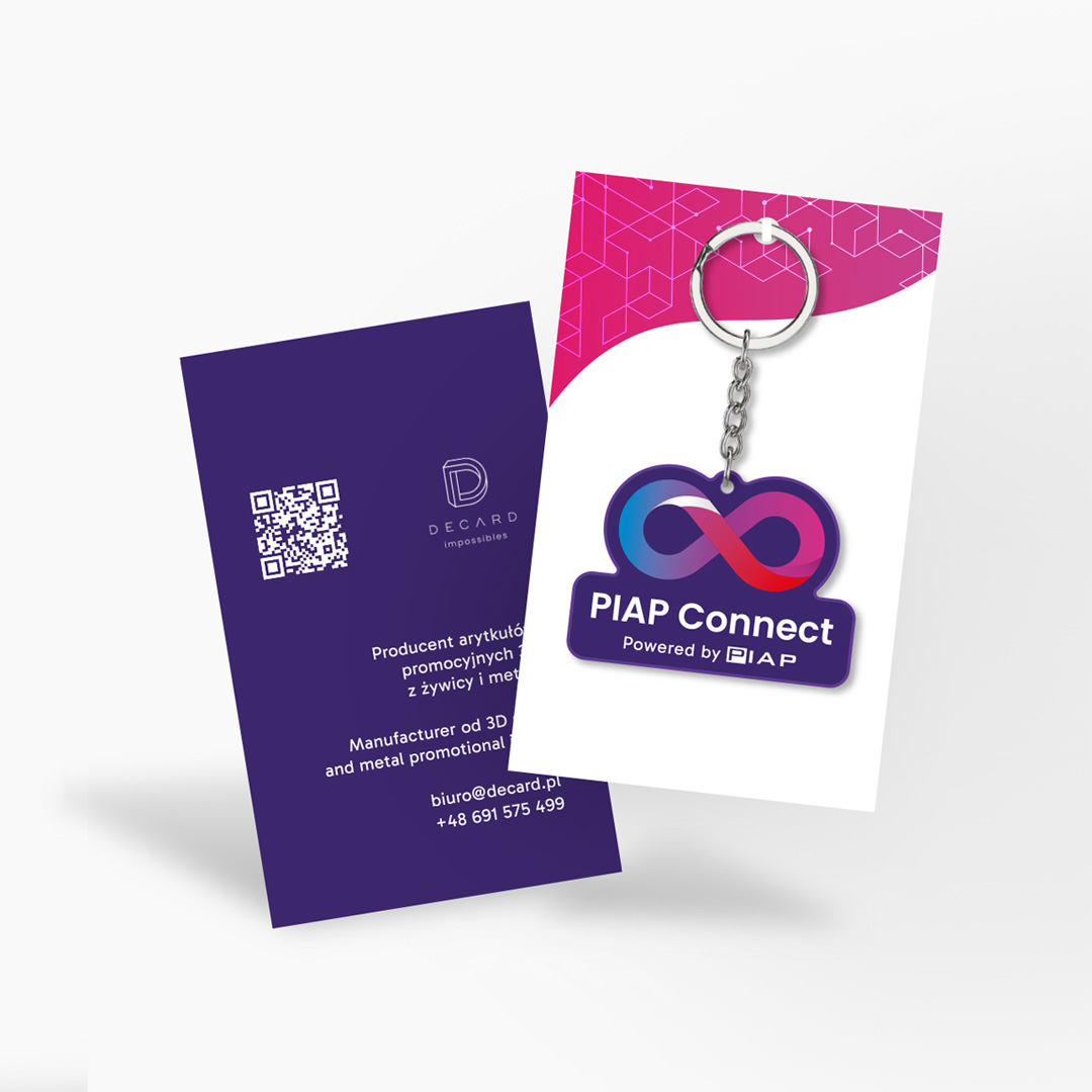 Brelok NFC logo PIAP Connect 2026 na dedykowanym kartoniku, przód kartonika zapięty brelok, tył dane DECARD i kod QR