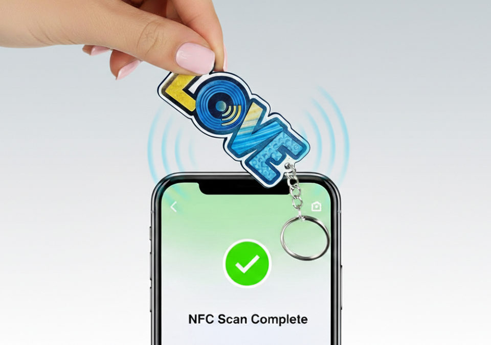 Brelok napis Love, z tagiem NFC przyłożony do telefonu, wykonanie polski producent DECARD