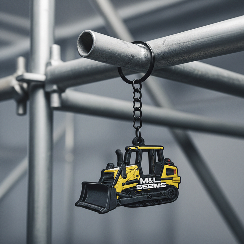 Brelok metalowy z wycięciem, kształt spychacza gąsienicowego, z logo, wiszący na rusztowaniu, czarno-żółty brelok, wykonanie polski producent DECARD