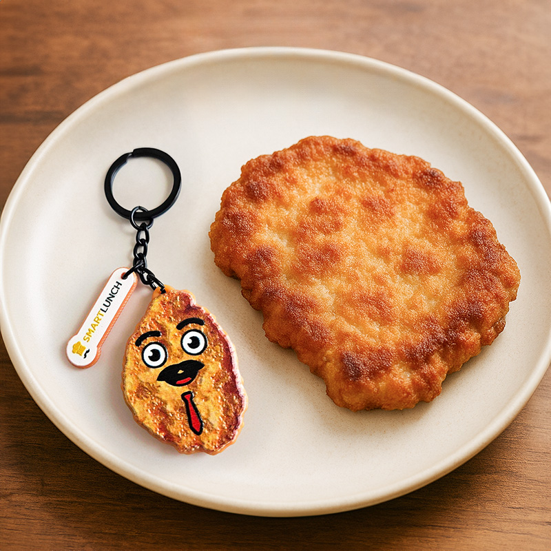 Breloki 3D, kotlet schabowy z zawieszką z logo, polski producent DECARD