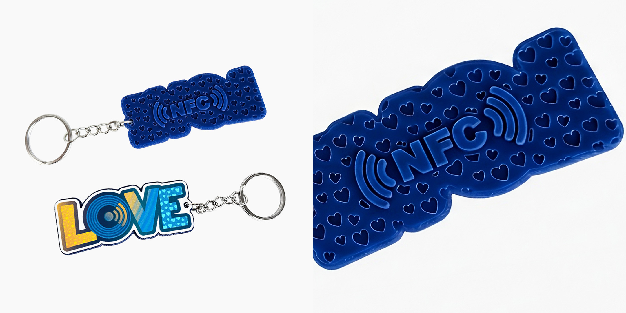 Breloki NFC granatowe napisy LOVE, przód grafika z wypukłościami, tył zbliżenia na znakowanie 3d,wykonanie polski producent DECARD