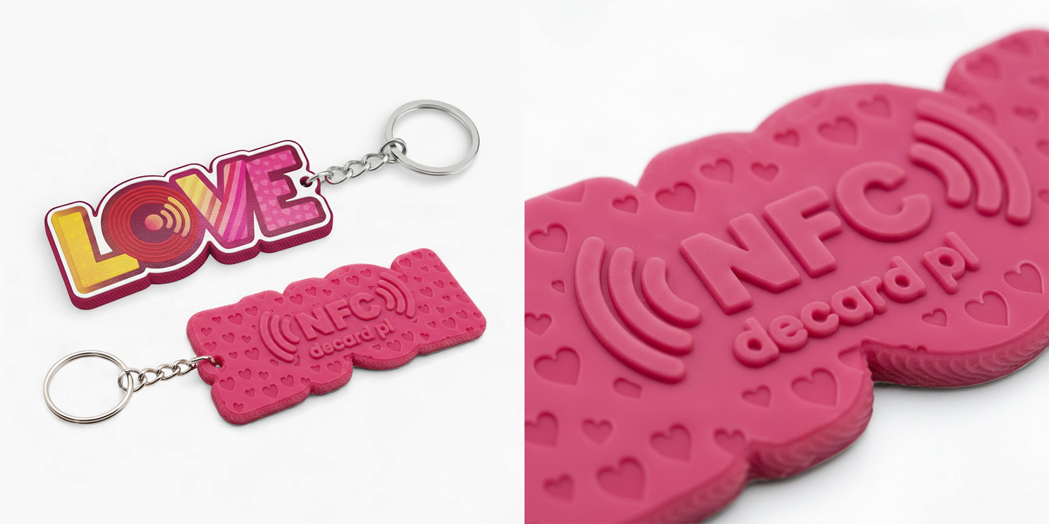 Breloki NFC różowe napisy LOVE, przód grafika z wypukłościami, tył zbliżenia na znakowanie 3d,wykonanie polski producent DECARD