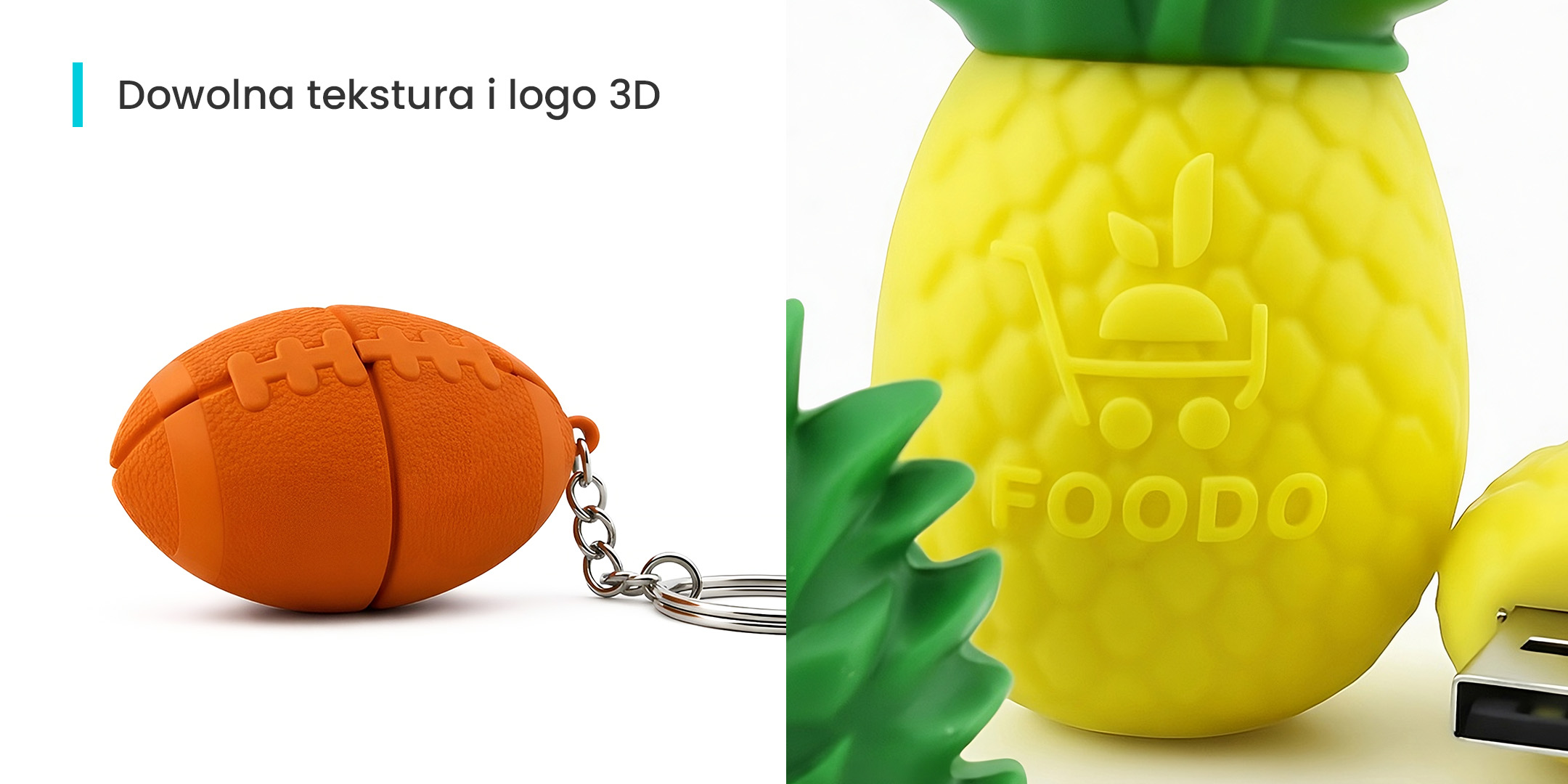 Zbliżenie na logo 3d na pendribie ananasie, wypukła tekstura na breloku pendrivie piłka rugby, wykonanie polski producent DECARD