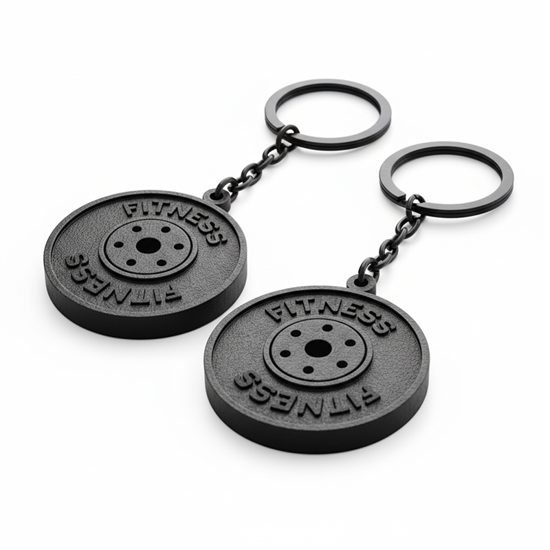 Brelok przestrzenny w kształcie obciążenia treningowego wykonany z twardej żywicy, z wypukłymi detalami, napisem "Fitness" i realistyczną teksturą obciążnika. Wykonanie polski producent DECARD