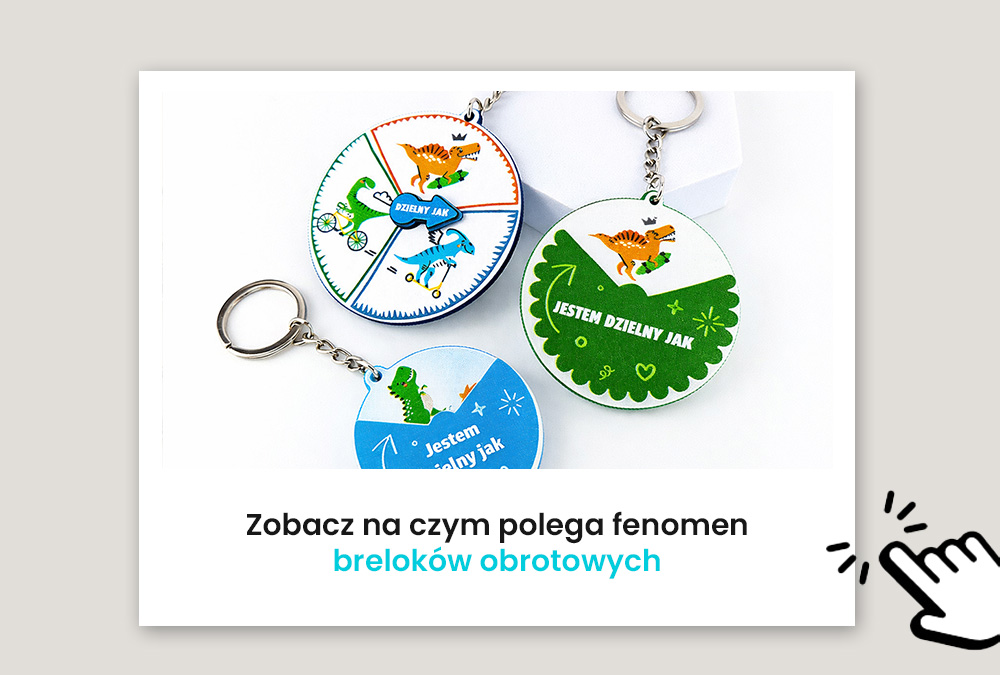 Breloki obrotowe z dinozaurami dla dzieci, linkujące do poradnika na czym polega fenomen ruchomych gadżetów