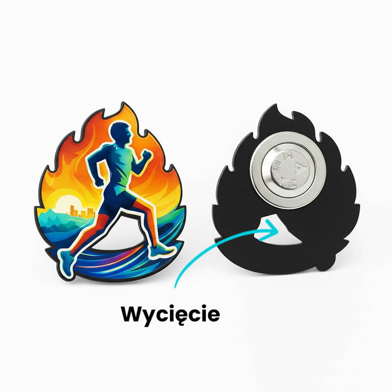 Przypinka w kształcie ognia, na grafice biegacz na tle fal i zachodzącego słońca, twarda żywica, wycięcie na wylot, wykonanie polski producent DECARD