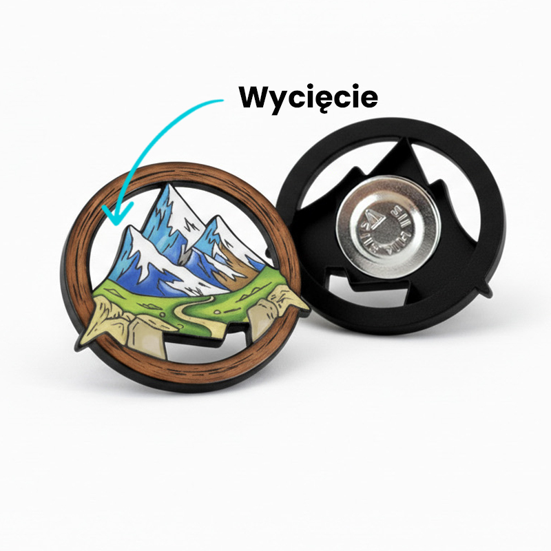Przypinka góry, z wycięciami, zapinana na magnes, z twardej żywicy, wykonanie polski producent DECARD