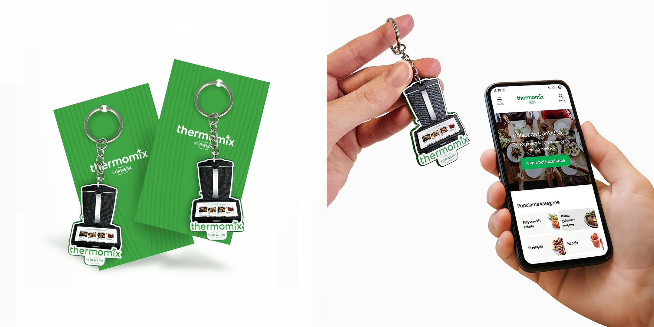 Brelok NFC na dedykowanym kartoniku, obok brelok przystawiony do telefonu, w kształcie Thermomixa, wykonanie polski producent DECARD