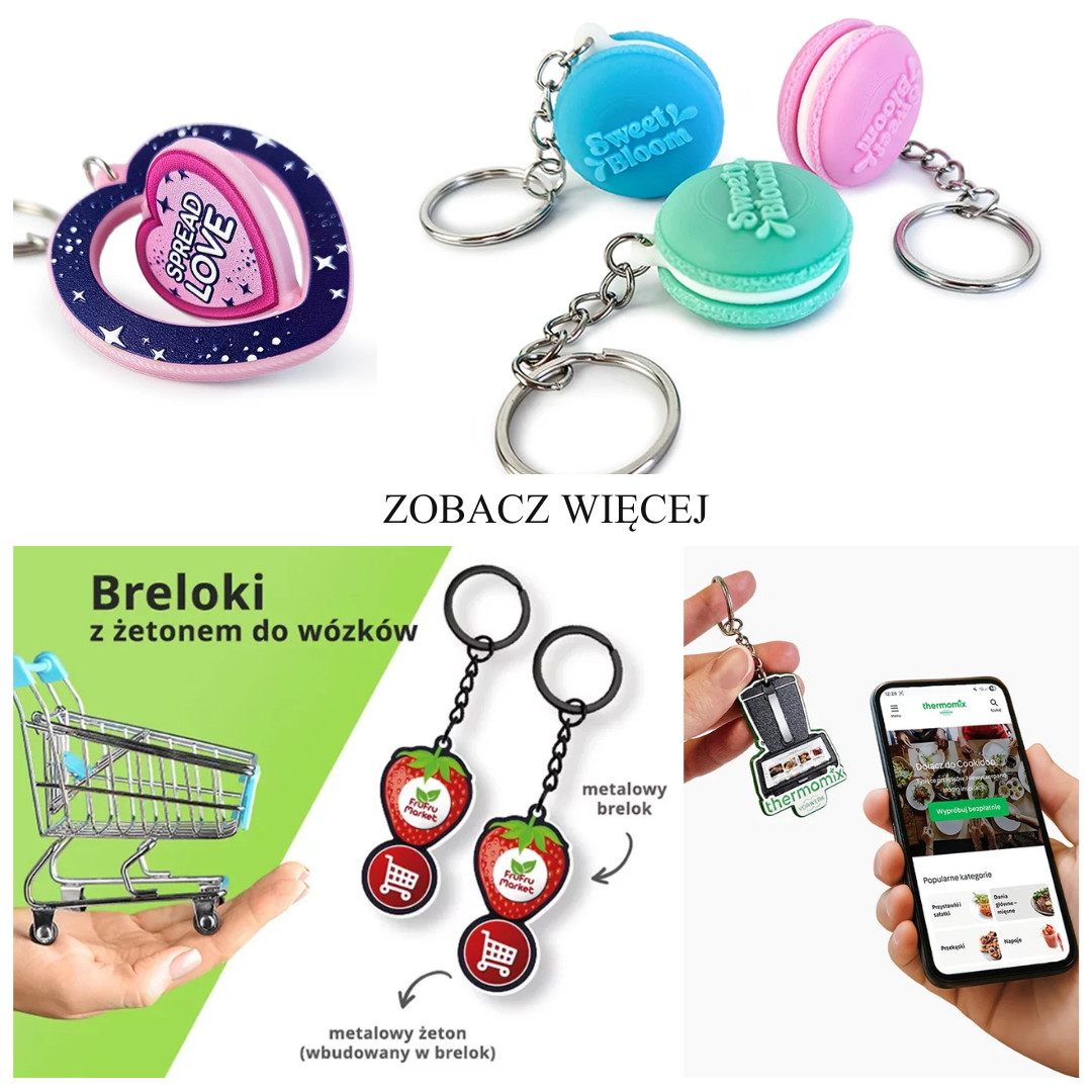 Różne rodzaje breloków, z linkiem do całej galerii, breloki obrotowe, breloki 3D, breloki z żetonami do wózków, z tagiem NFC. Realizacje polskiego producenta DECARD