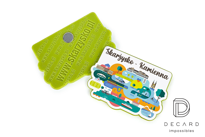Magnes personalizowany kolorowa grafika miasta, z tyłu adres www, wykonanie polski producent DECARD