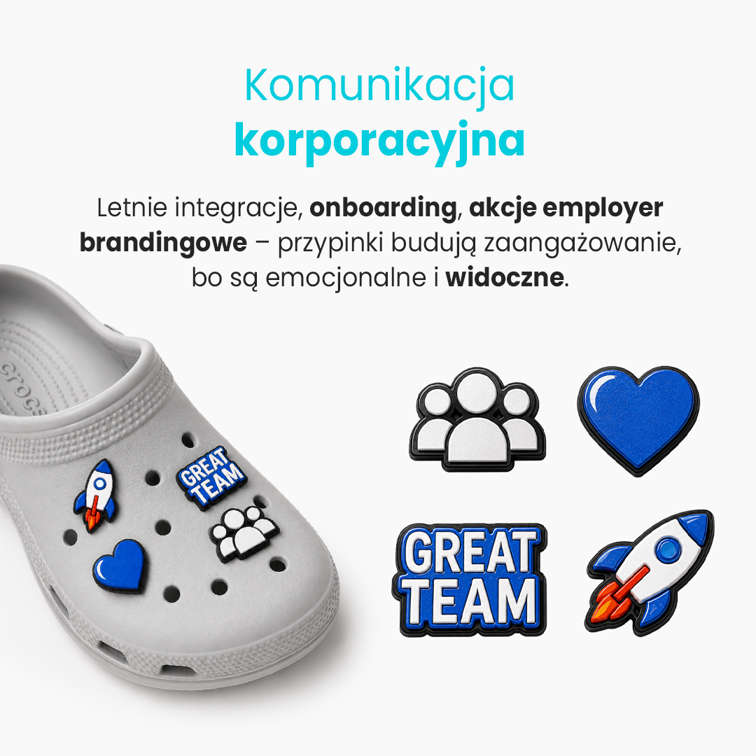 Przypinki Crocs na integrację i eventy firmowe, onboarding, employer branding, stwórz swój własny zestaw firmowy, wykonanie u polskiego producenta DECARD