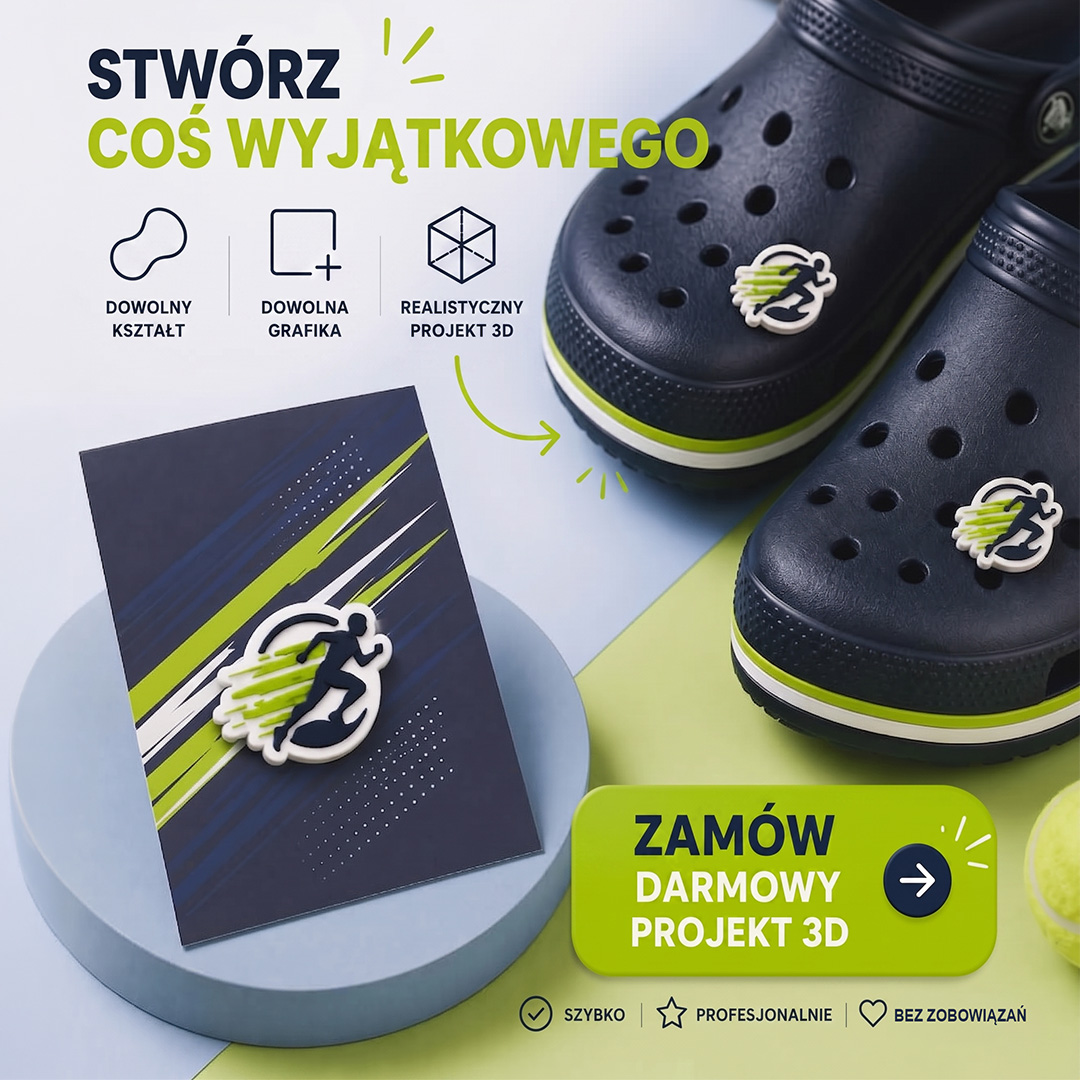 Przypinki Crocs sportowe w formie biegacza, na dedykowanym kartoniku, i na czarnych Crocsach, grafika z tekstem: Zamów darmowy projekt 3D, wykonanie polski producent DECARD