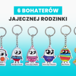 Sześć breloków z bohaterami Jajecznej Rodzinki - Mama Jajo, Tata Jajo, Jajo Sadzone, Brat Pisanka, Siostra Jajo w Koszulce i Sufliś