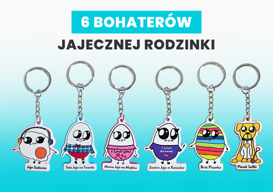Sześć breloków z bohaterami Jajecznej Rodzinki - Mama Jajo, Tata Jajo, Jajo Sadzone, Brat Pisanka, Siostra Jajo w Koszulce i Sufliś