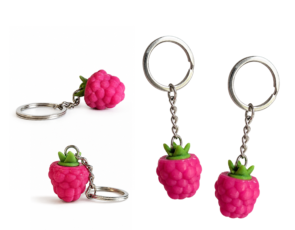 Custom raspberry 3D keychains made by Polish manufacturer DECARD