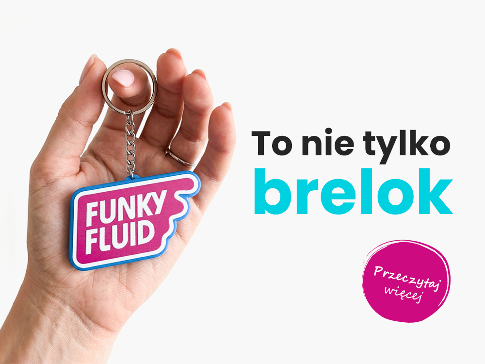 Brelok z funkcją otwieracza z logo Funky Fluid, wykonanie polski producent DECARD